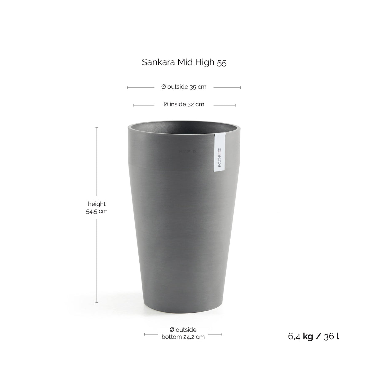 Kukkaruukku Sankara keskikorkea 55cm harmaa – mittapiirros