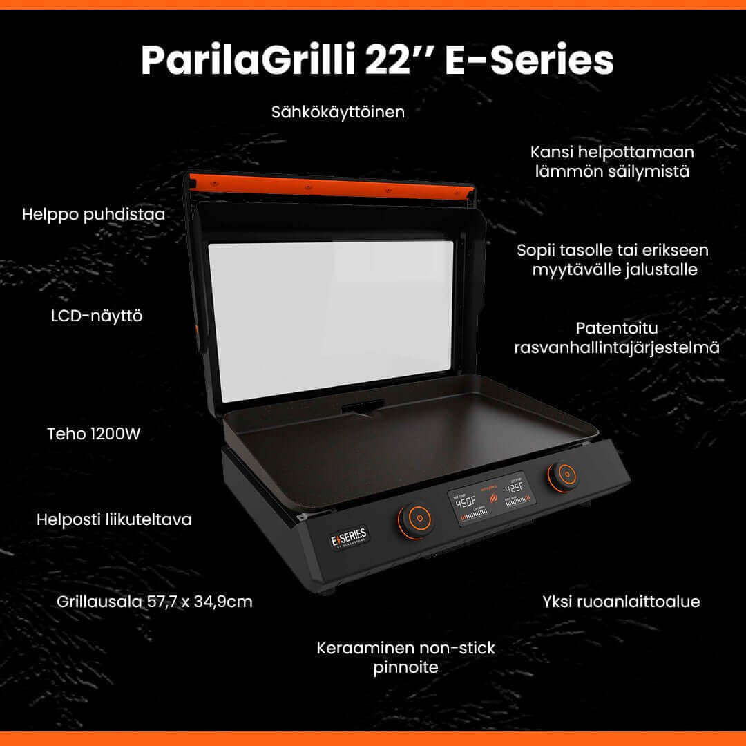 Blackstone 22" Sähkökäyttöinen ParilaGrilli E-sarja, LCD-näyttö, 1200W, keraaminen non-stick pinnoite, helppo puhdistaa, siirrettävä, lämpötilan säätökansi