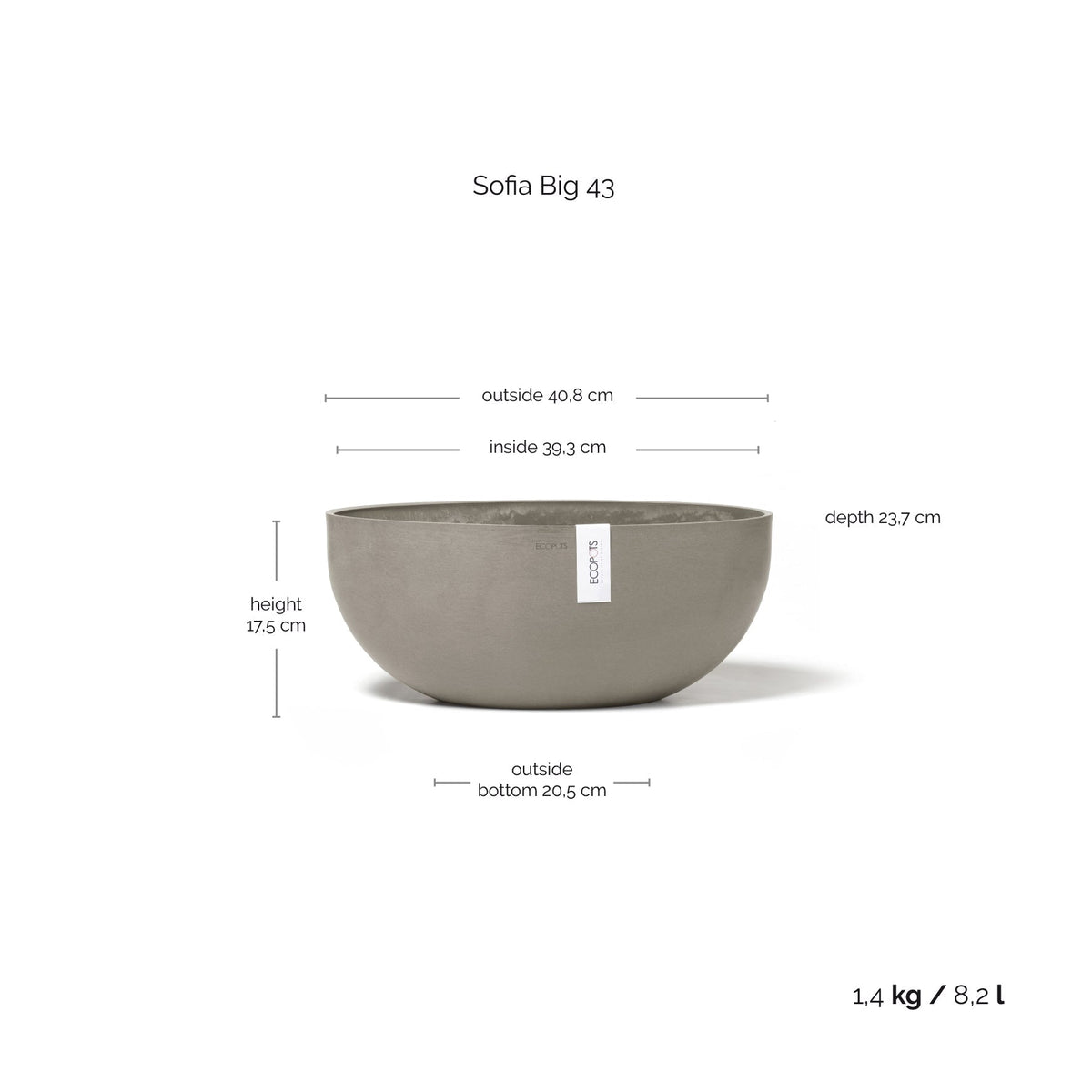 Kukkaruukku Sofia 43cm taupe – mittapiirros