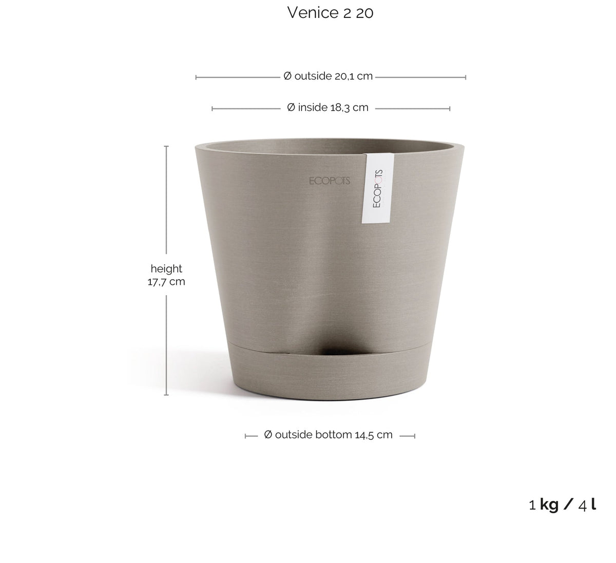 Kukkaruukku Venetsia 2.0 20cm taupe – mittapiirros