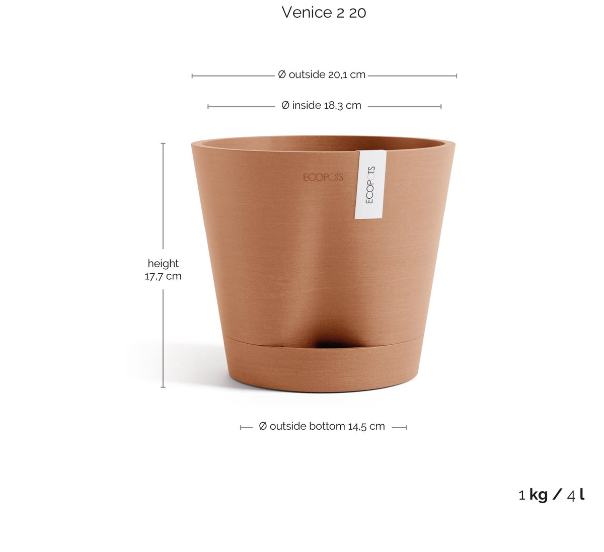Kukkaruukku Venetsia 2.0 20cm terracotta – mittapiirros