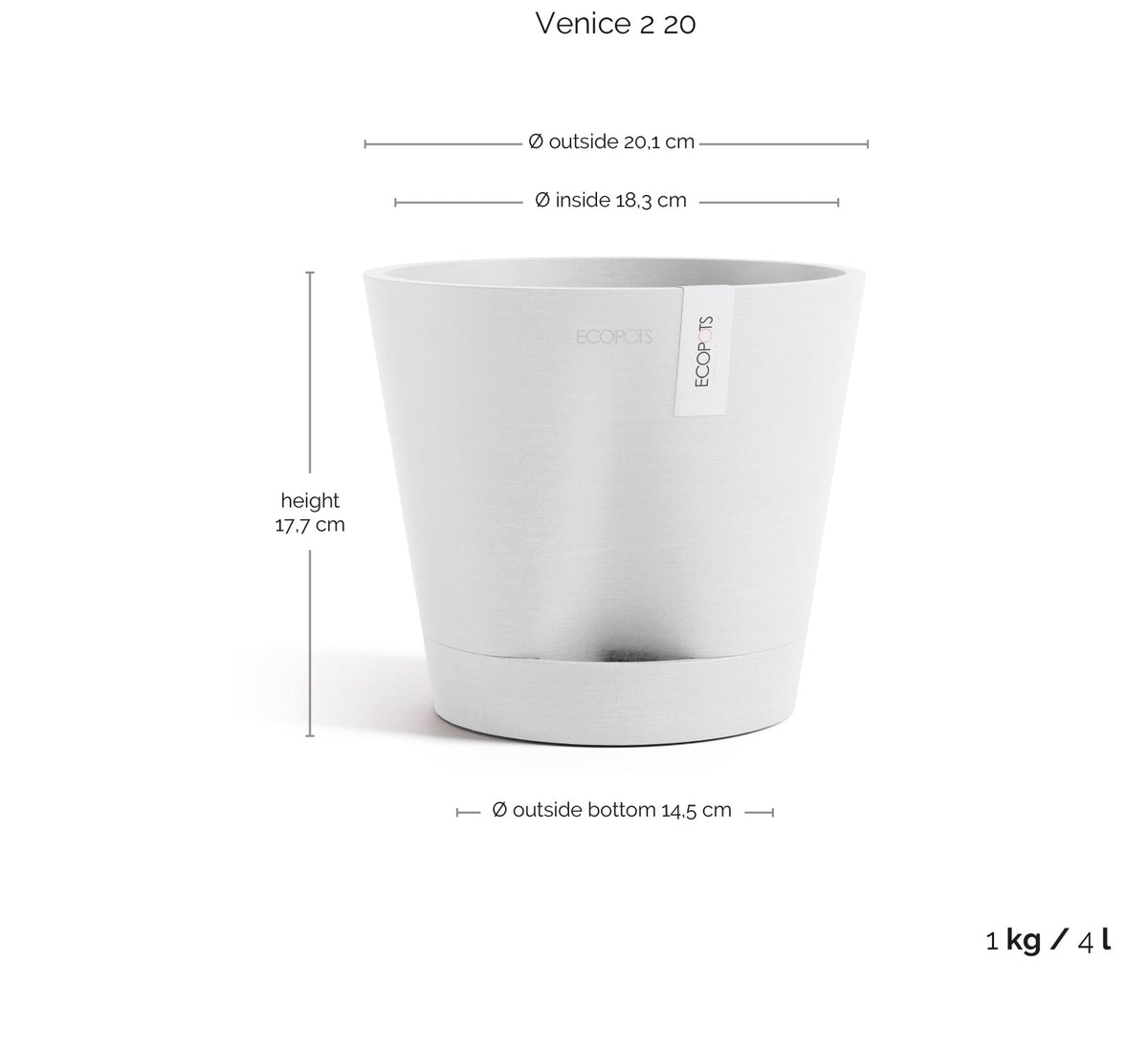 Kukkaruukku Venetsia 2.0 20cm valkoinen – mittapiirros