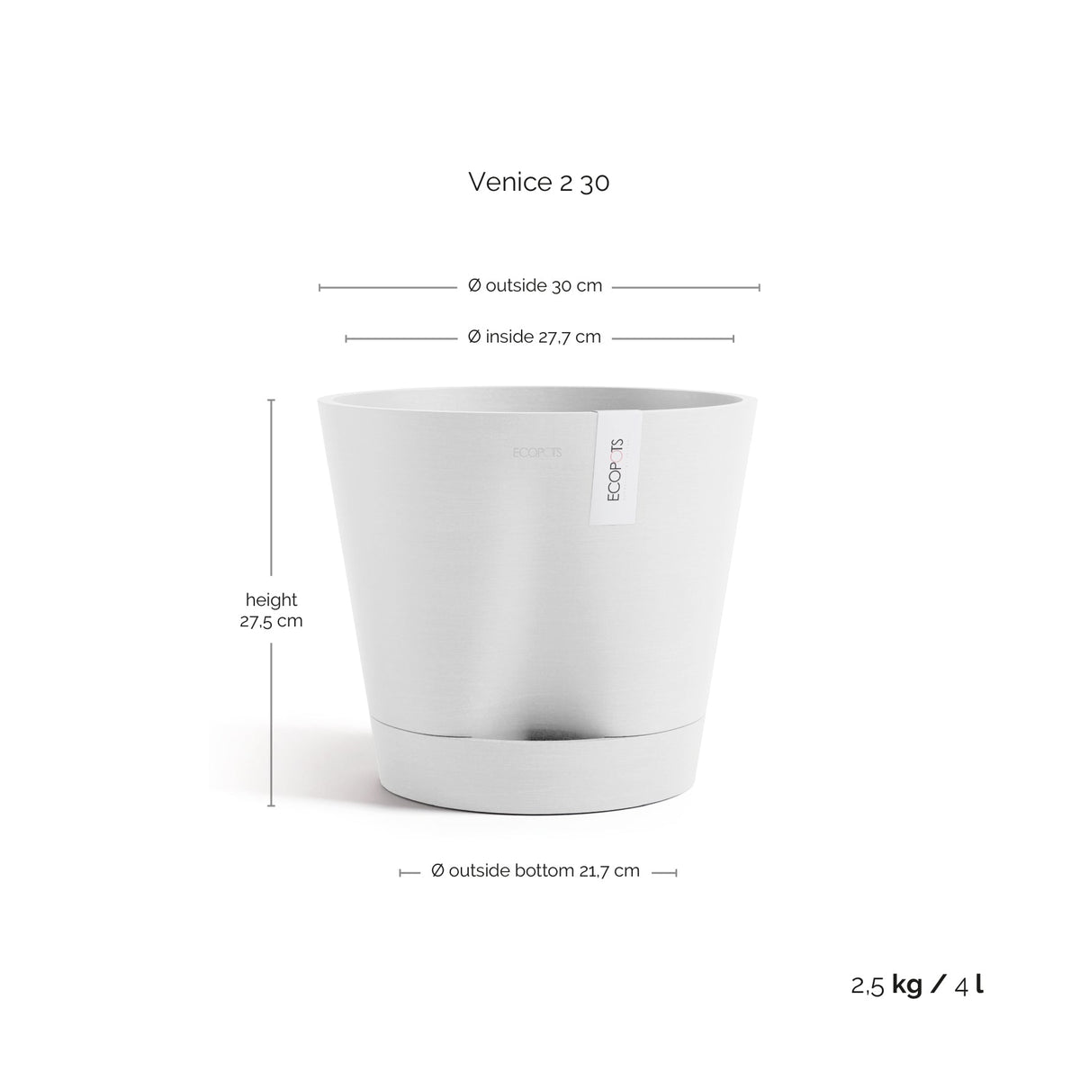 Kukkaruukku Venetsia 2.0 30cm valkoinen – mittapiirros
