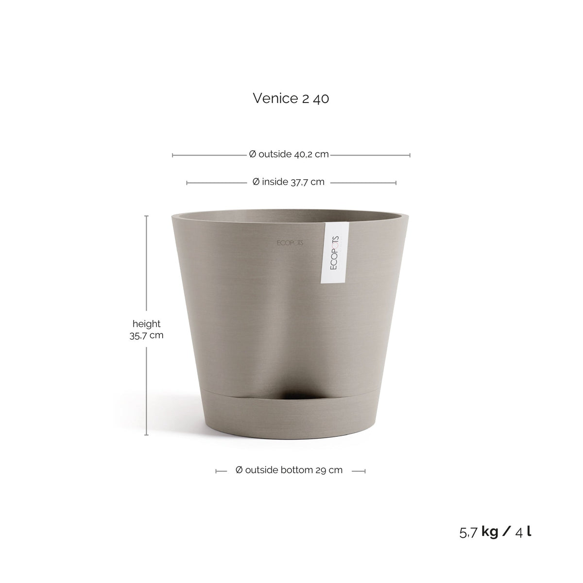 Kukkaruukku Venetsia 2.0 40cm taupe – mittapiirros