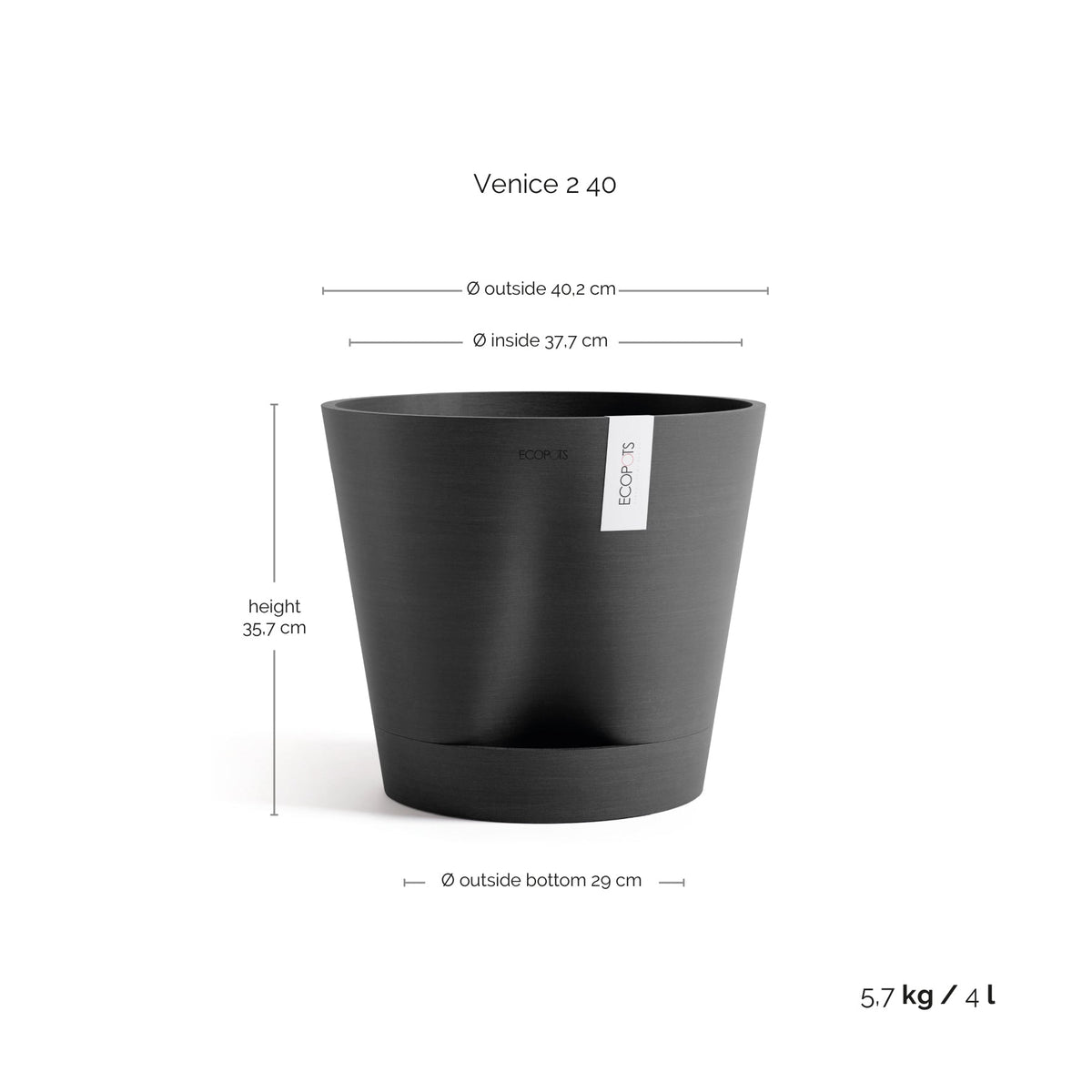 Kukkaruukku Venetsia 2.0 40cm tummanharmaa – mittapiirros