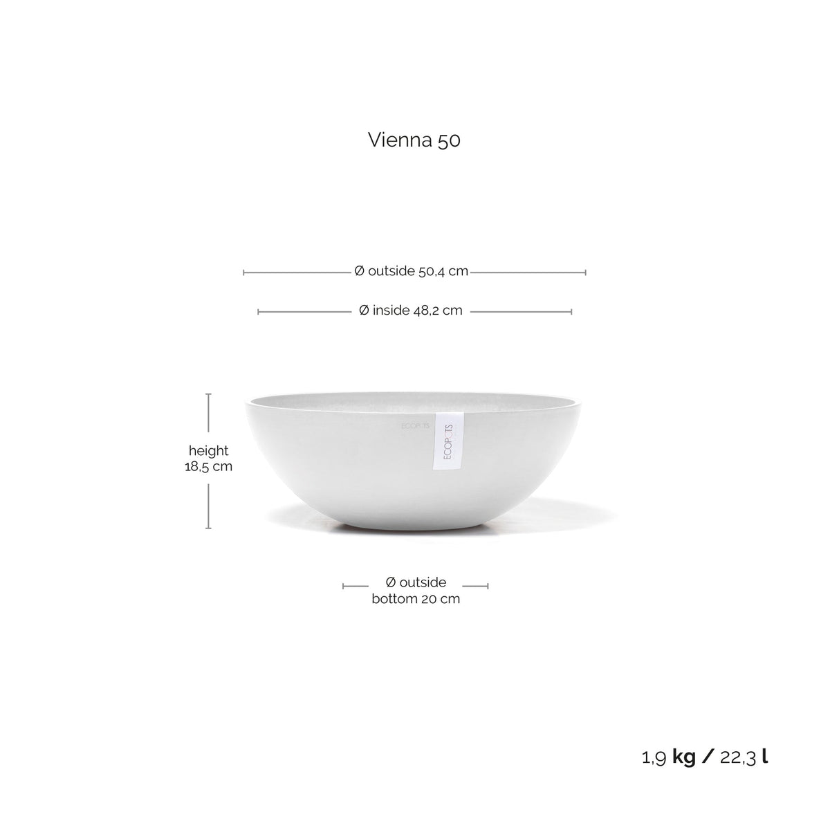 Kukkaruukku Vienna 50cm valkoinen – mittapiirros