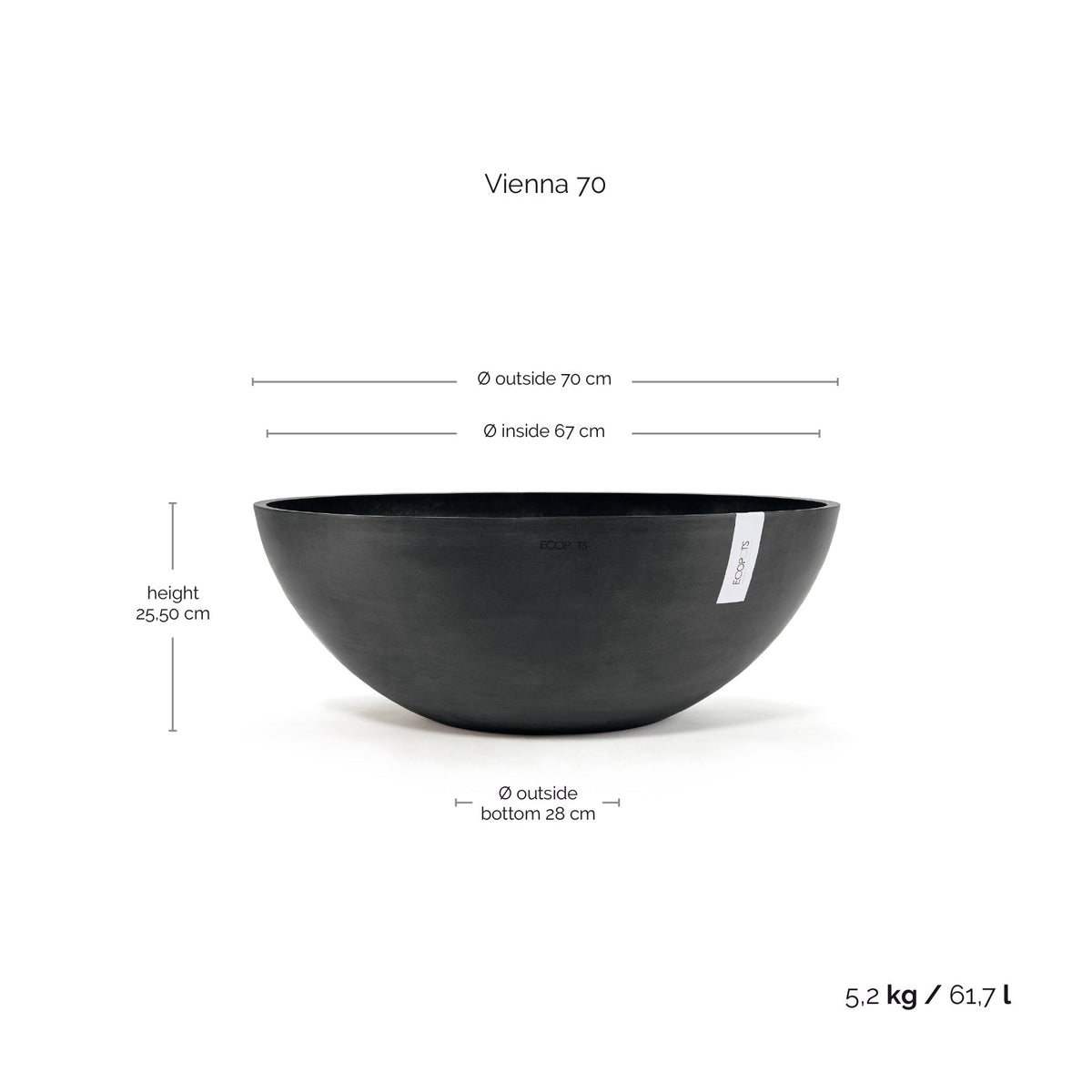 Kukkaruukku Vienna 70cm tummanharmaa – mittapiirros