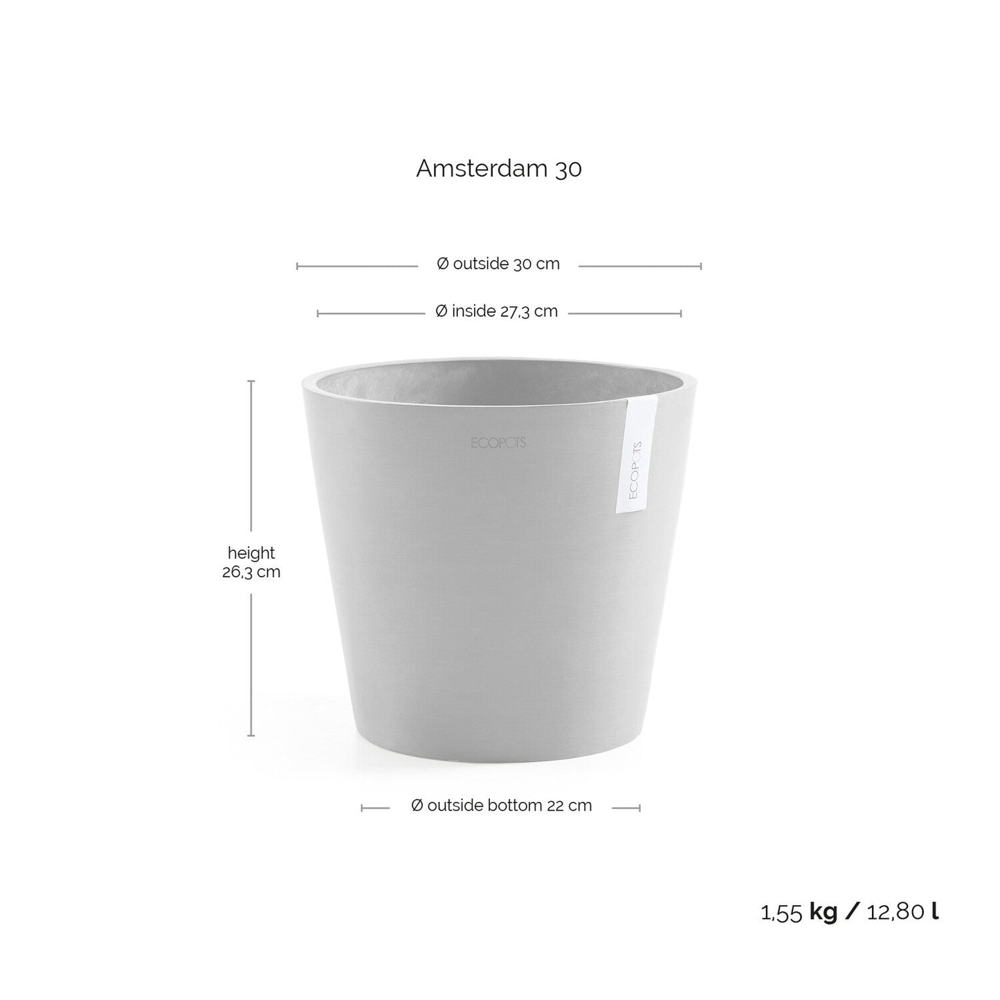 Kukkaruukku - Ecopots - Amsterdam 30cm valkoharmaa - Ecopotskauppa - Uuden aikakauden kukkaruukku