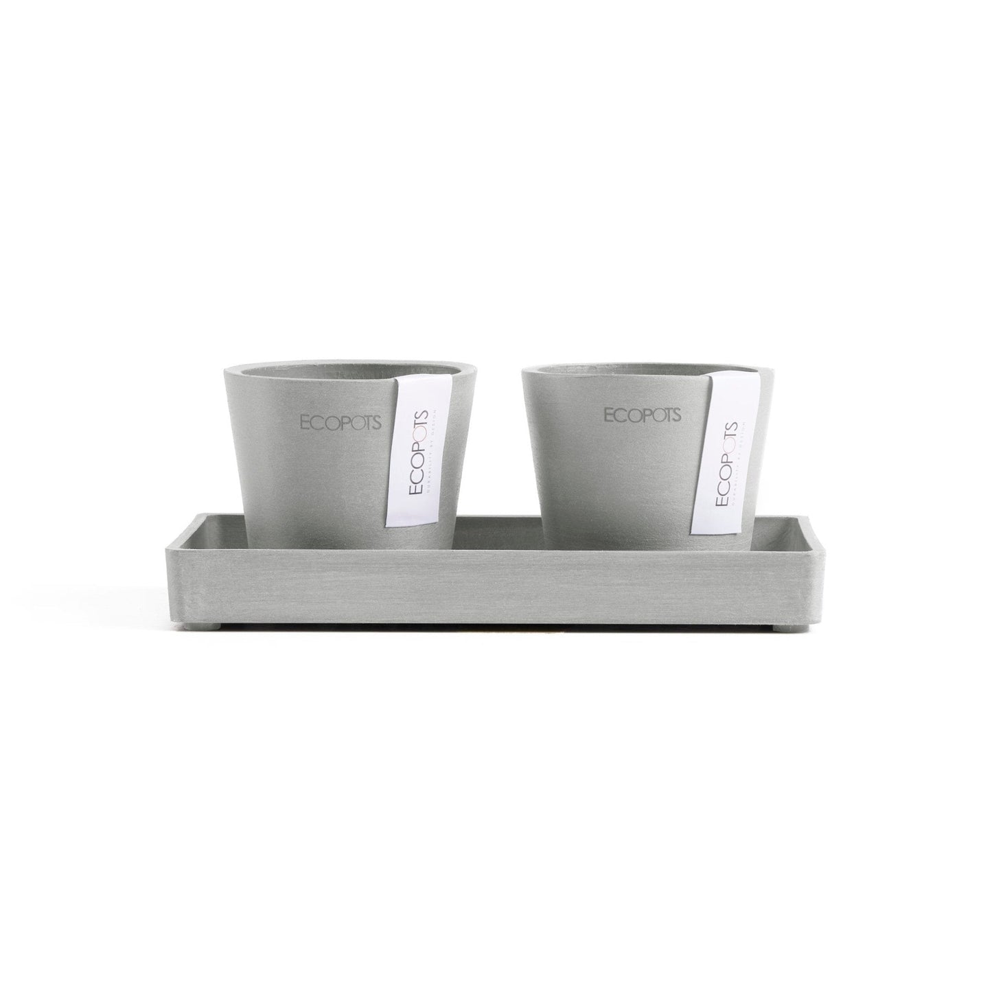 Kukkaruukku - Ecopots - Kukkaruukku Amsterdam 8cm 2kpl & esillepanotarjotin 20cm valkoharmaa - Ecopots - Uuden aikakauden kukkaruukku kierrätysmateriaalista