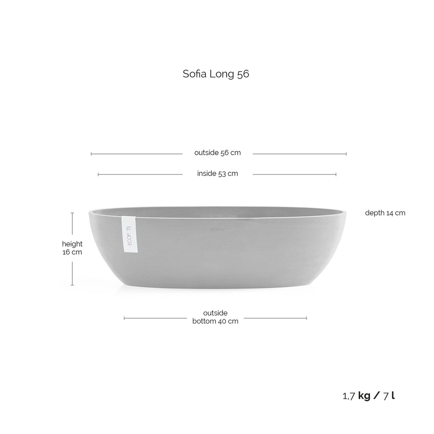 Kukkaruukku - Ecopots - Sofia pitkä 56cm tummanharmaa - Ecopotskauppa - Uuden aikakauden kukkaruukku