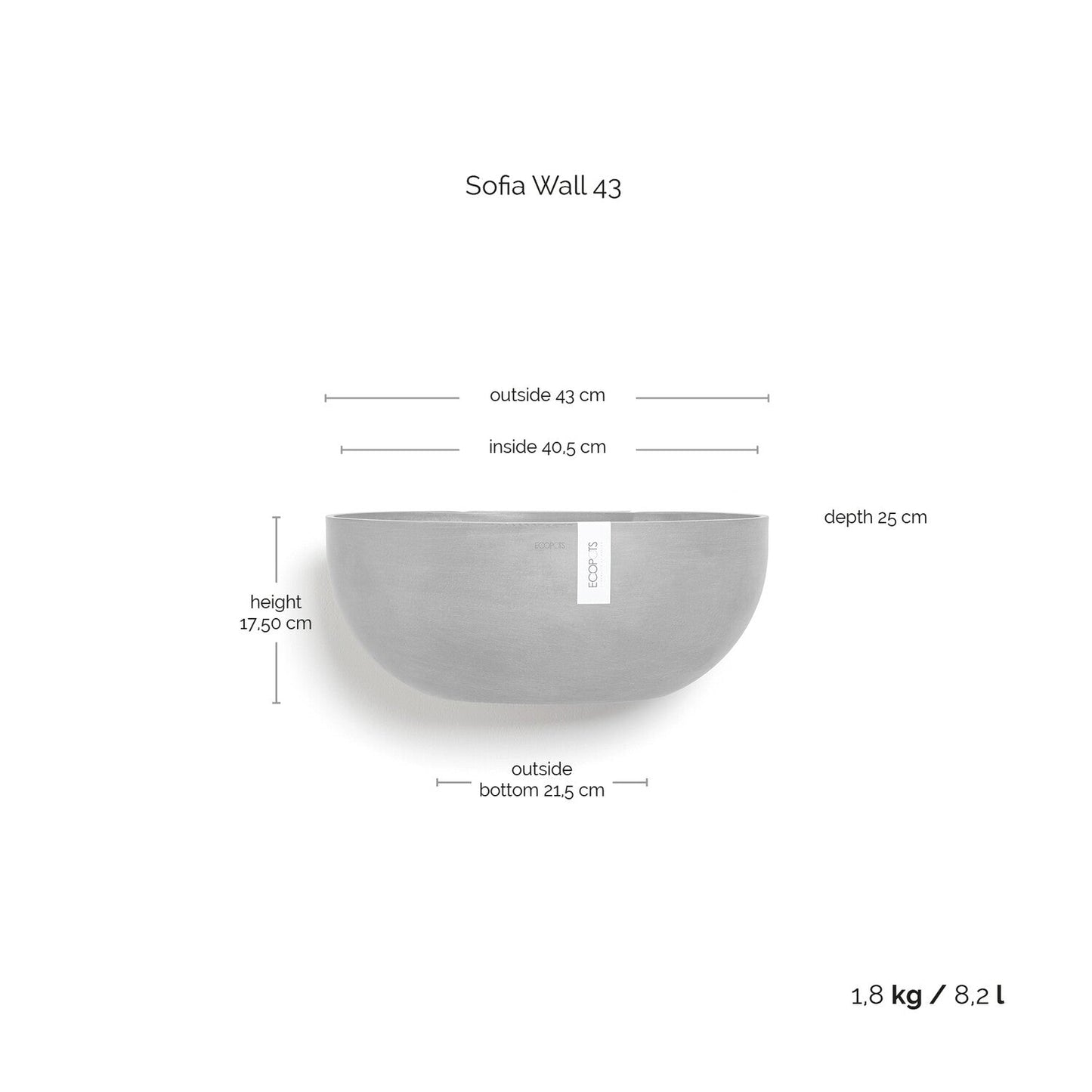 Kukkaruukku - Ecopots - Sofia seinä 43cm valkoharmaa - Ecopotskauppa - Uuden aikakauden kukkaruukku