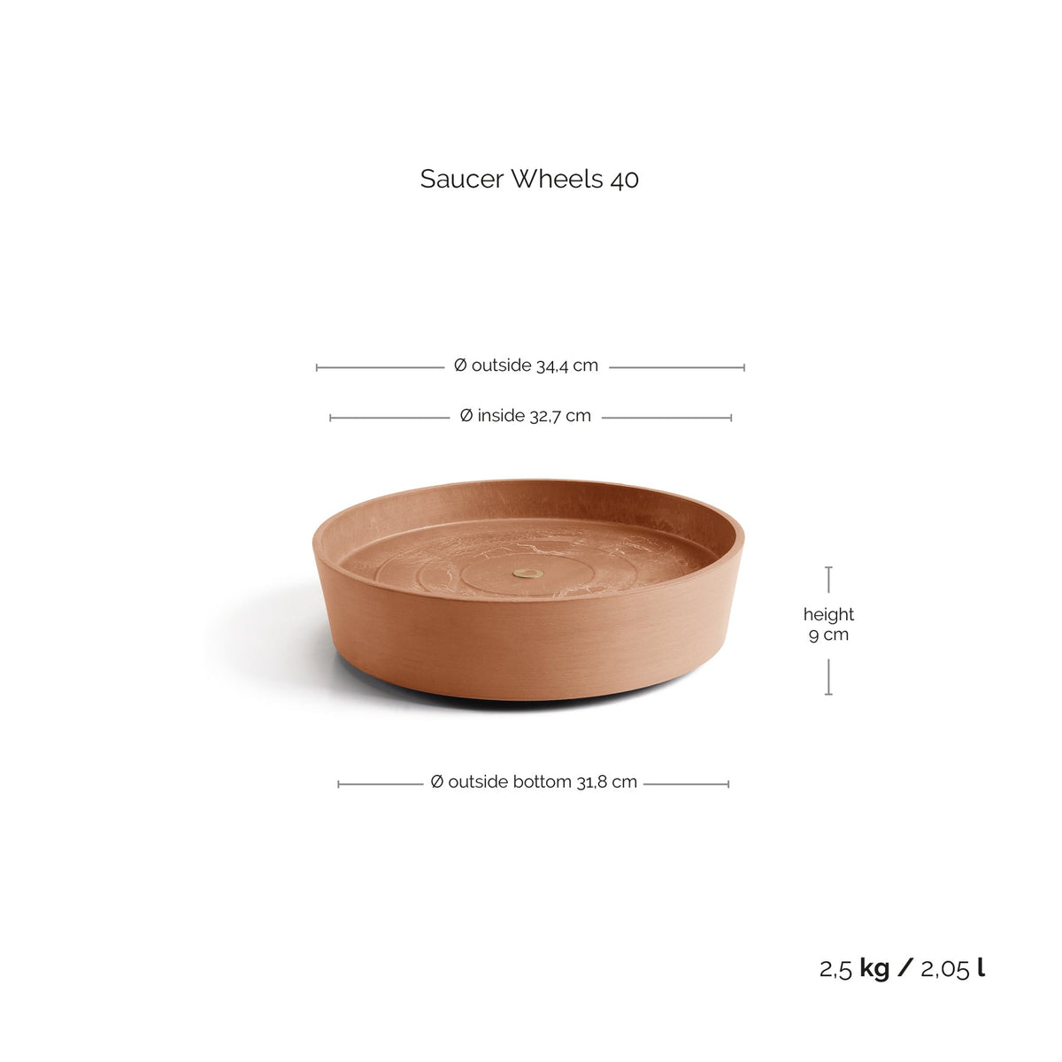 Aluslautanen Amsterdam pyörillä 40cm terracotta – mittapiirros