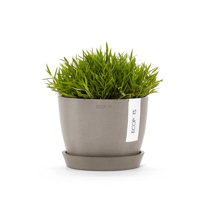 Kukkaruukku Tukholma 14cm taupe – aluslautasen ja kasvin kanssa 3