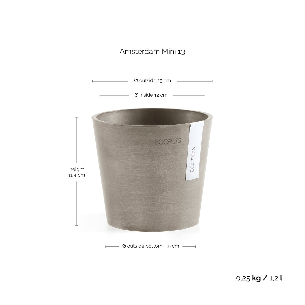 Kukkaruukku Amsterdam 13cm taupe – mittapiirros