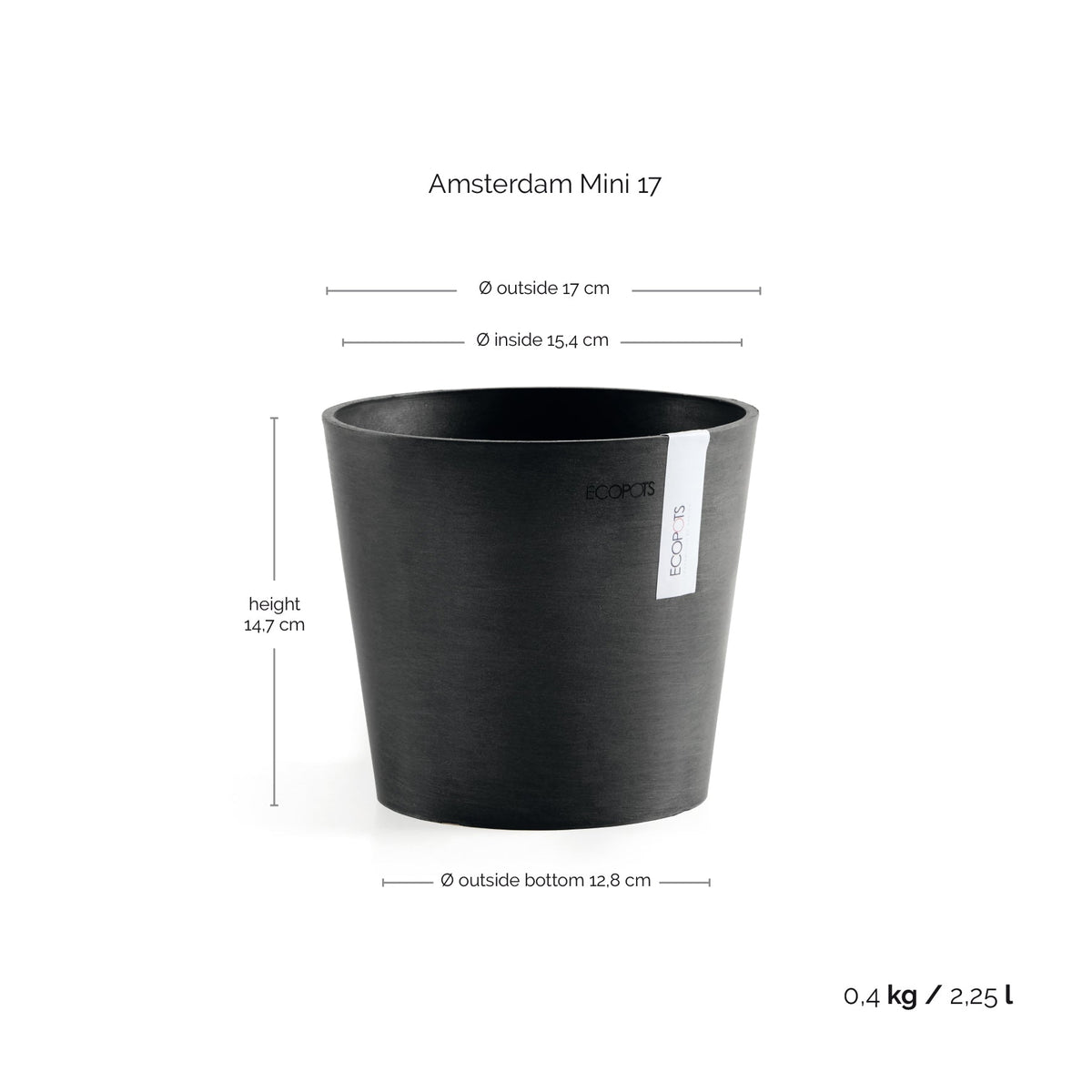 Kukkaruukku Amsterdam 17cm tummanharmaa – mittapiirros