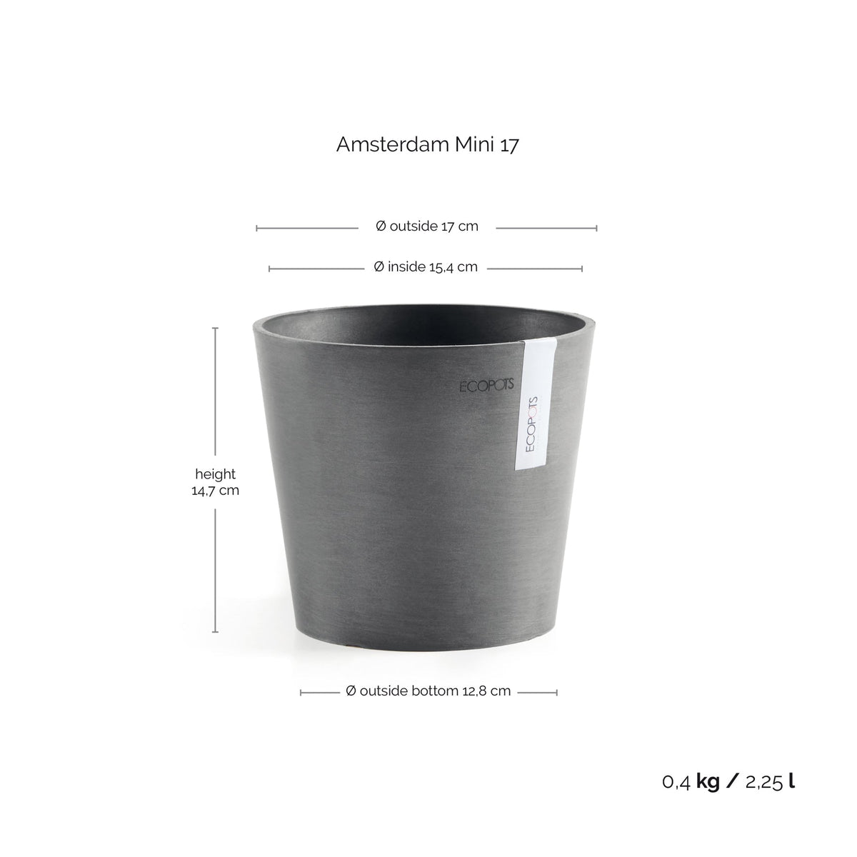 Kukkaruukku Amsterdam 17cm harmaa – mittapiirros