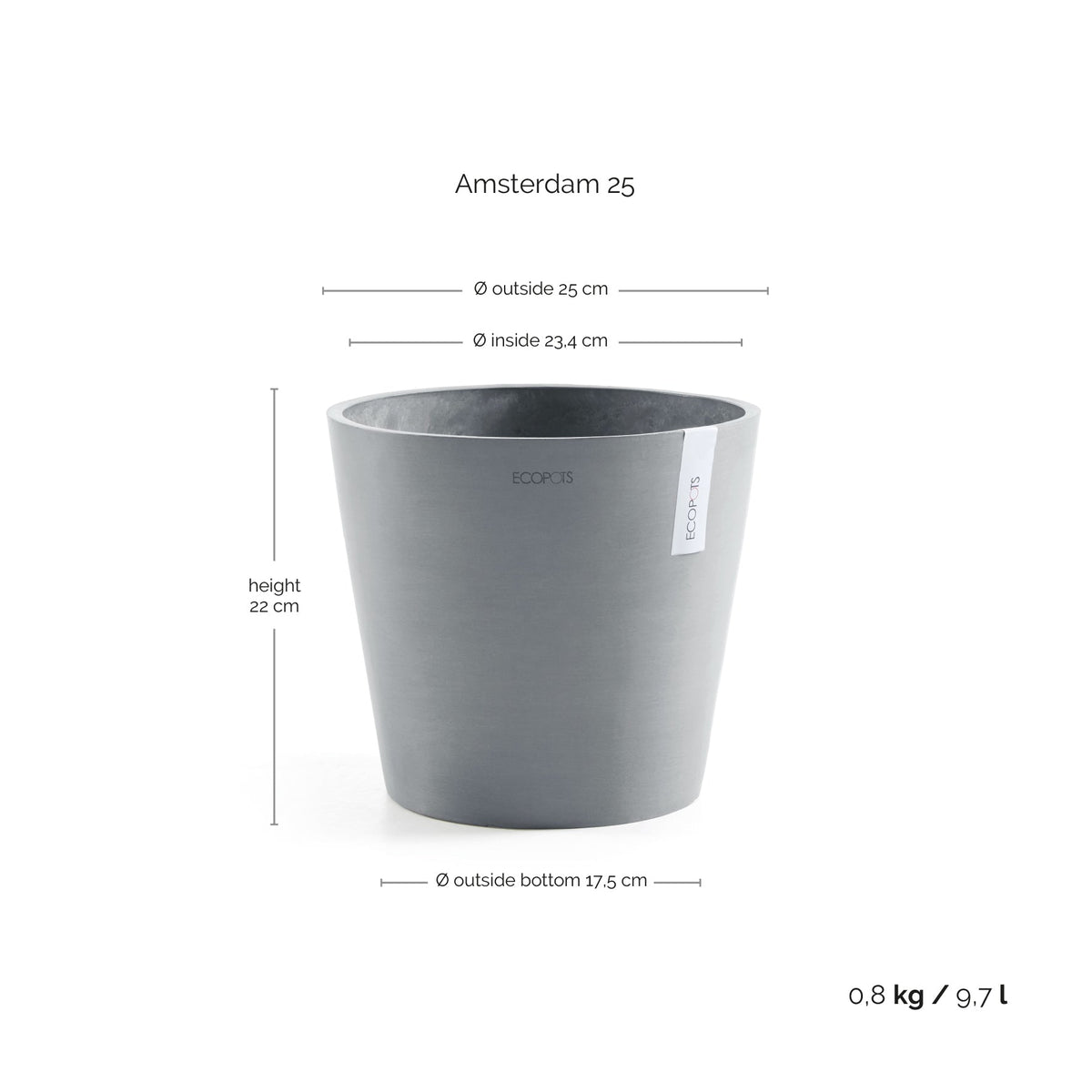 Kukkaruukku Amsterdam 25cm siniharmaa – mittapiirros