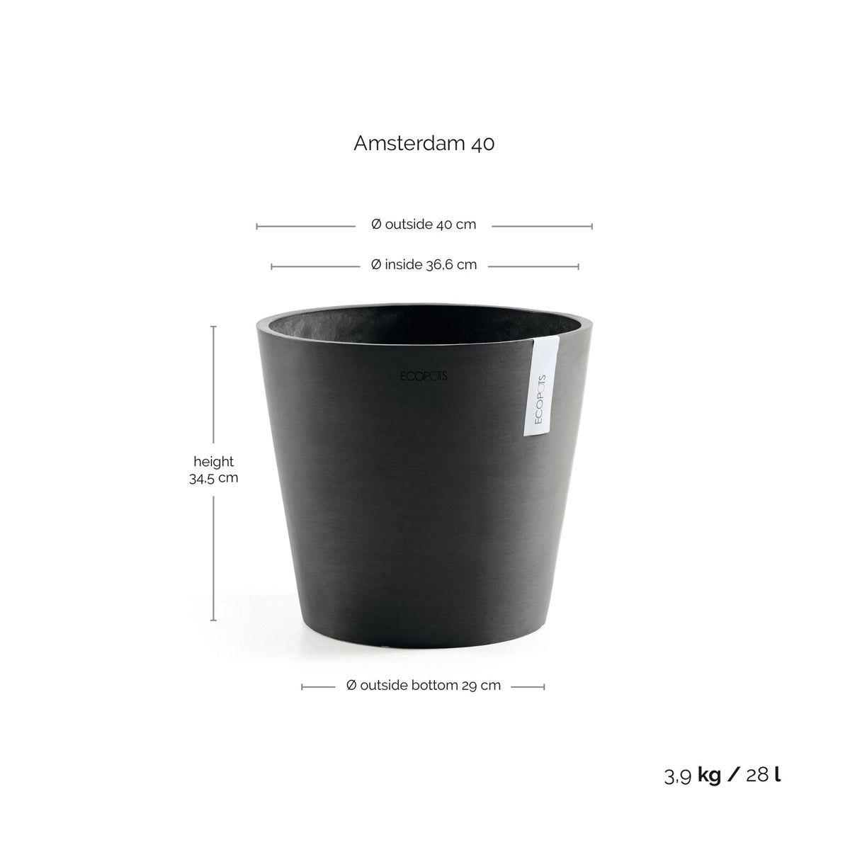Kukkaruukku Amsterdam 40cm tummanharmaa – mittapiirros
