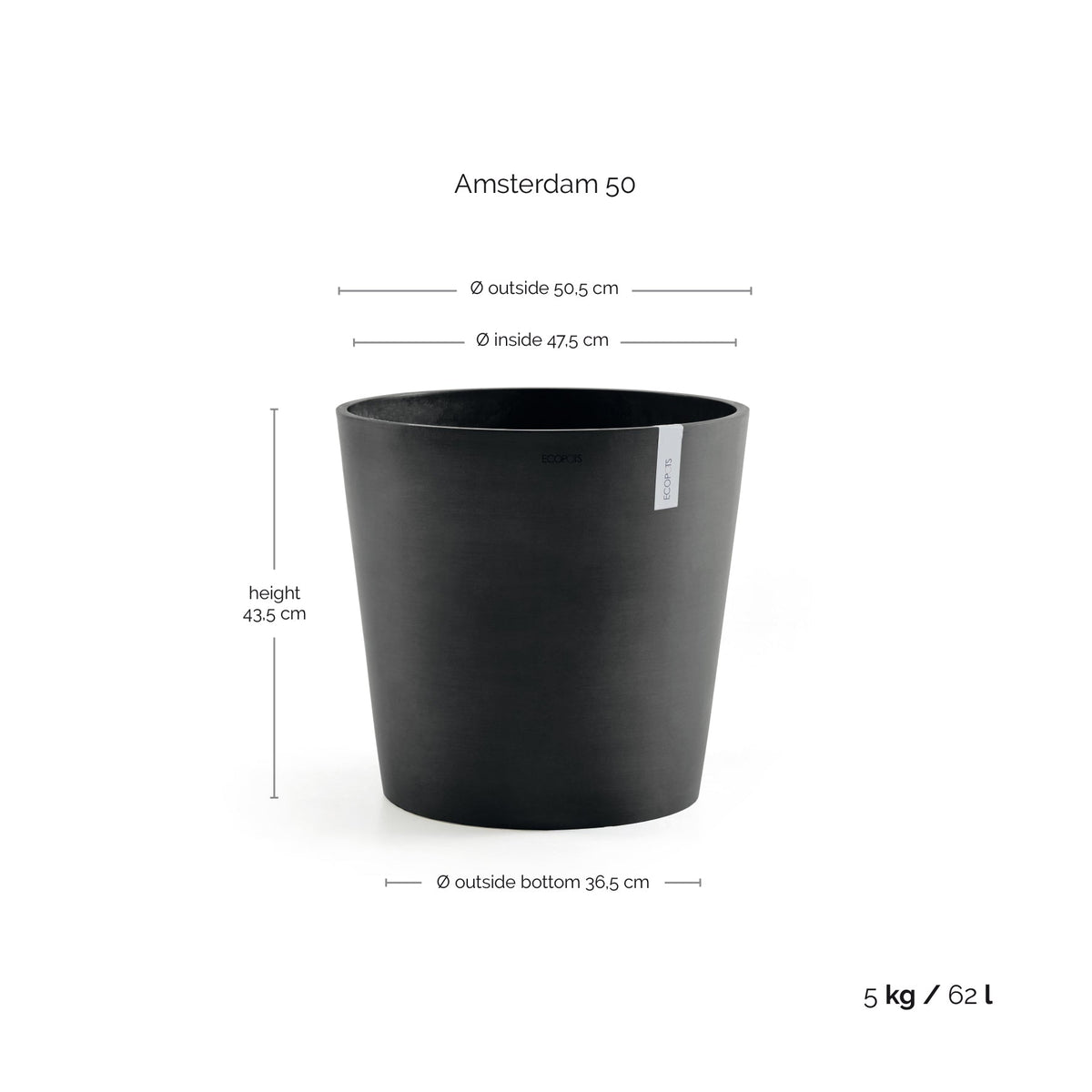 Kukkaruukku Amsterdam 50cm tummanharmaa – mittapiirros
