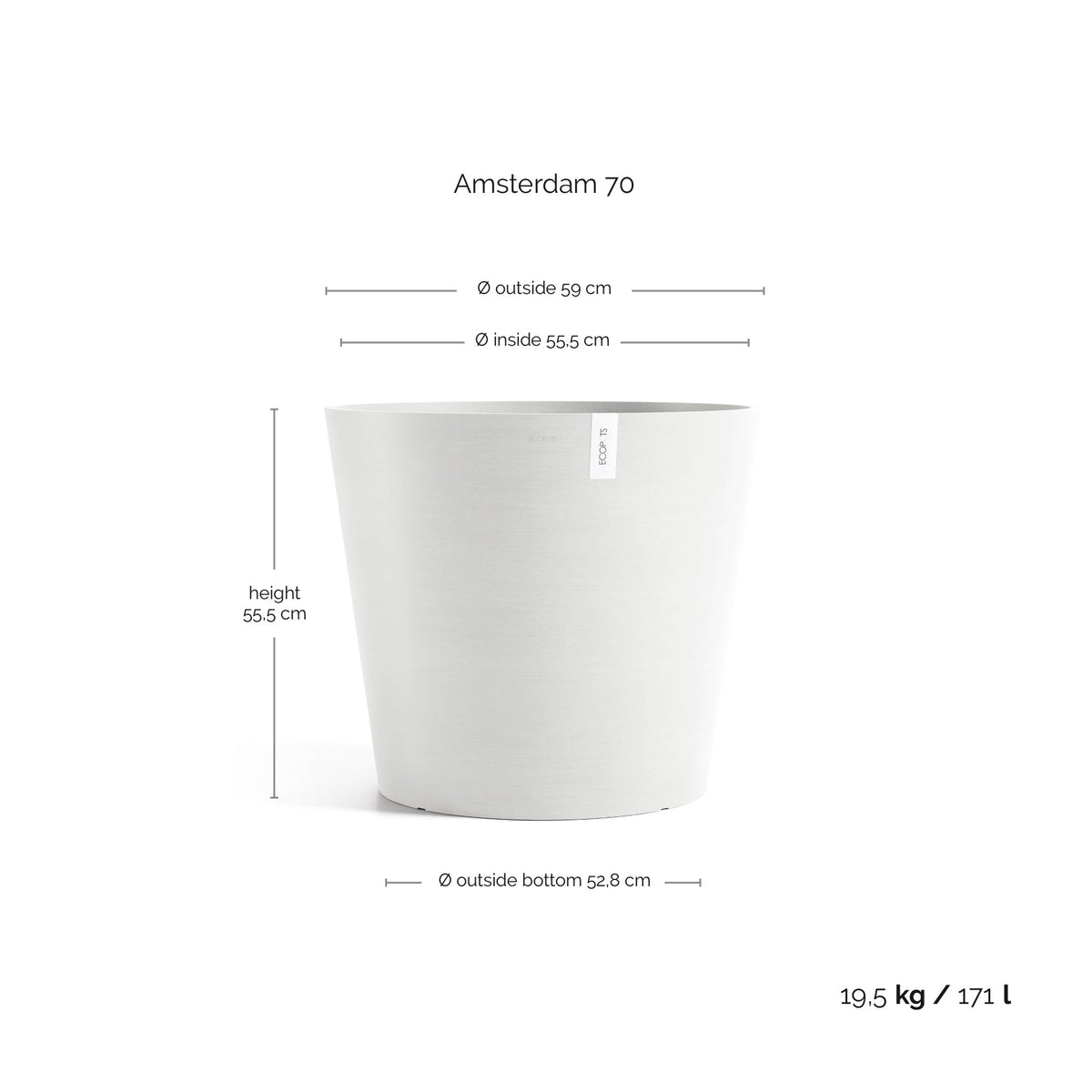 Kukkaruukku Amsterdam 70cm valkoinen – mittapiirros