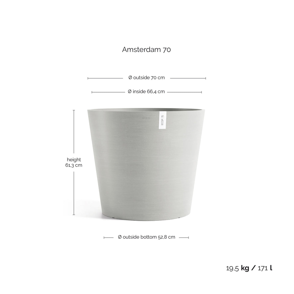 Kukkaruukku Amsterdam 70cm valkoharmaa – mittapiirros