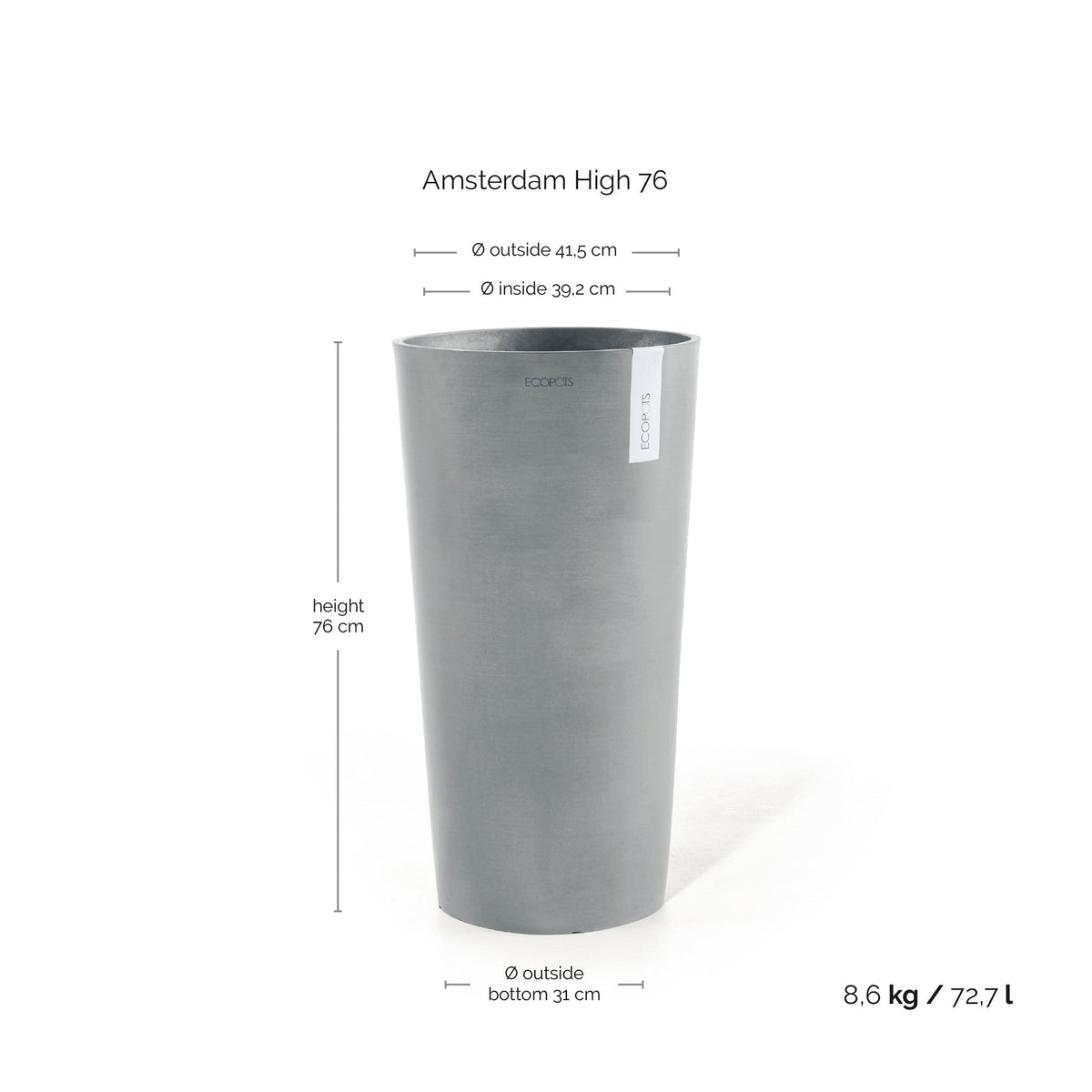Kukkaruukku Amsterdam korkea 76cm siniharmaa – mittapiirros