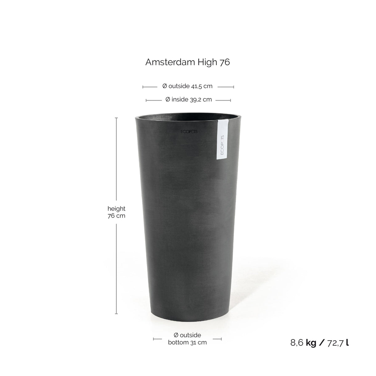 Kukkaruukku Amsterdam korkea 76cm tummanharmaa – mittapiirros