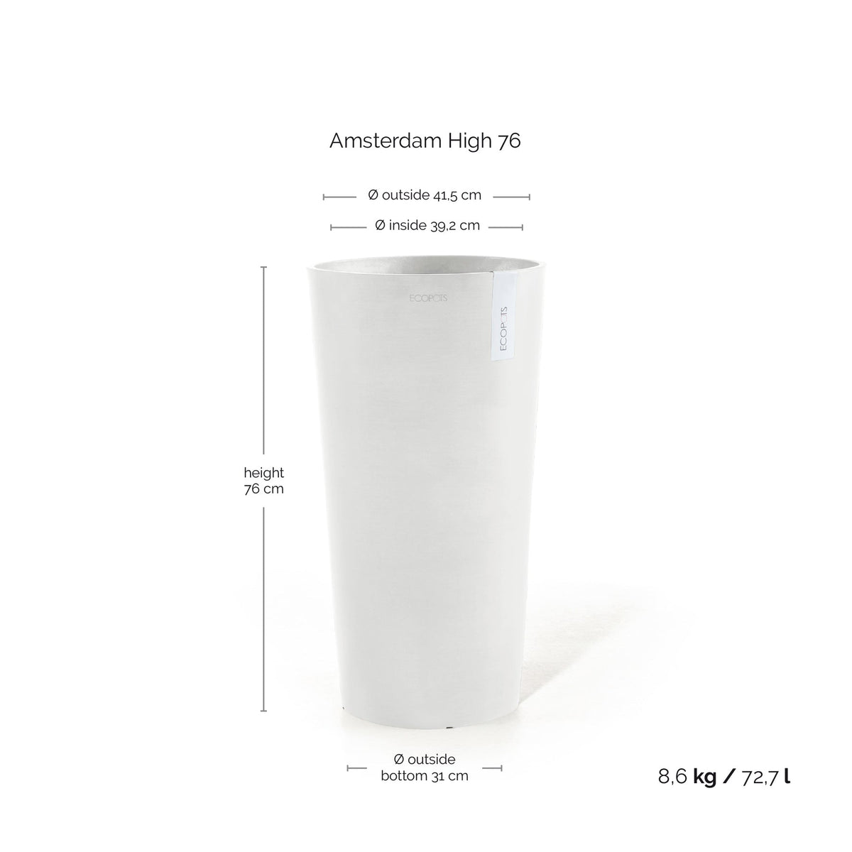 Amsterdam korkea 76cm valkoinen – mittapiirros