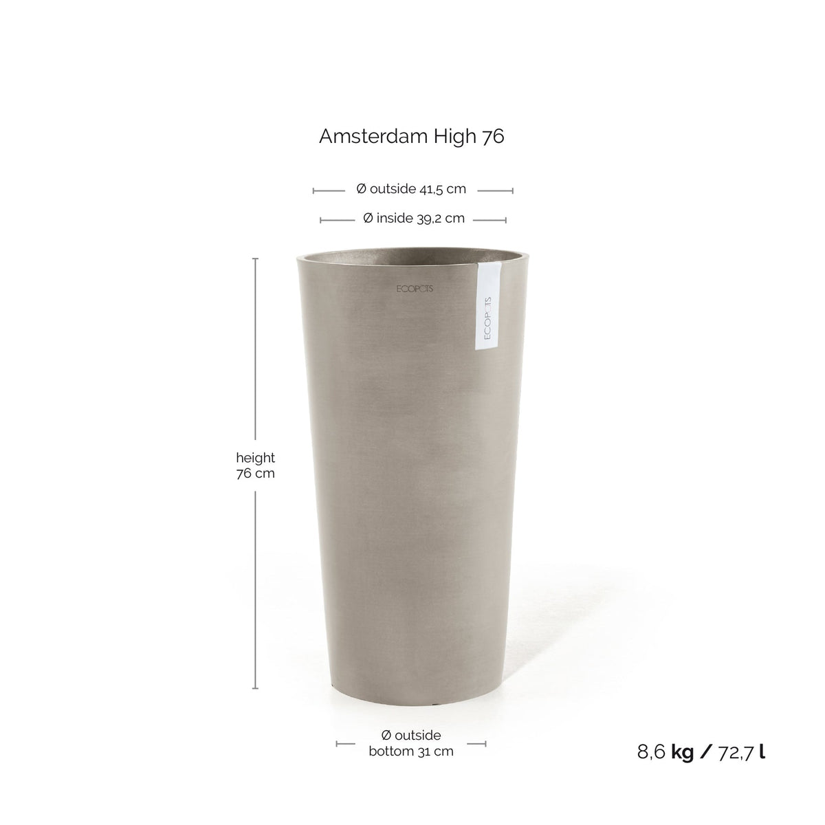 Kukkaruukku Amsterdam korkea 76cm taupe – mittapiirros