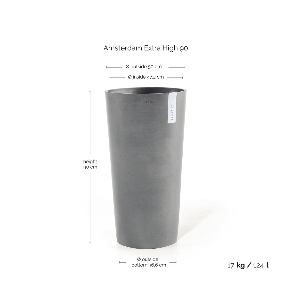 Kukkaruukku Amsterdam korkea 90cm harmaa – mittapiirros