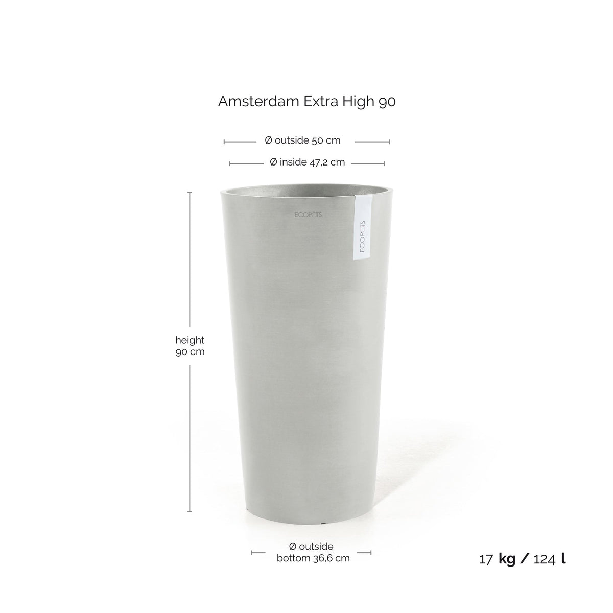 Kukkaruukku Amsterdam korkea 90cm valkoharmaa – mittapiirros