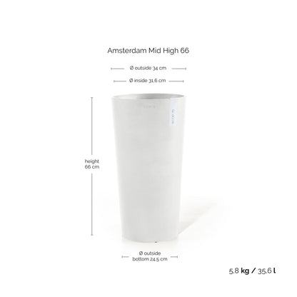 Kukkaruukku Amsterdam keskikorkea 66cm valkoinen – mittapiirros