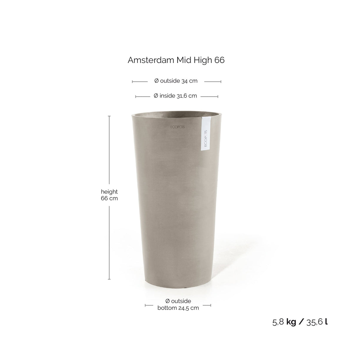Kukkaruukku Amsterdam keskikorkea 66cm taupe – mittapiirros
