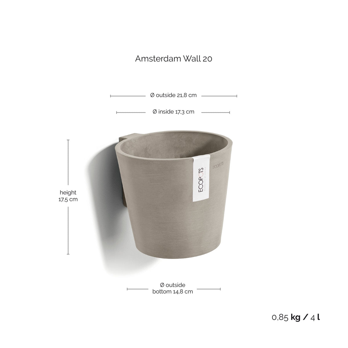 Kukkaruukku Amsterdam 20cm seinälle taupe – mittapiirros