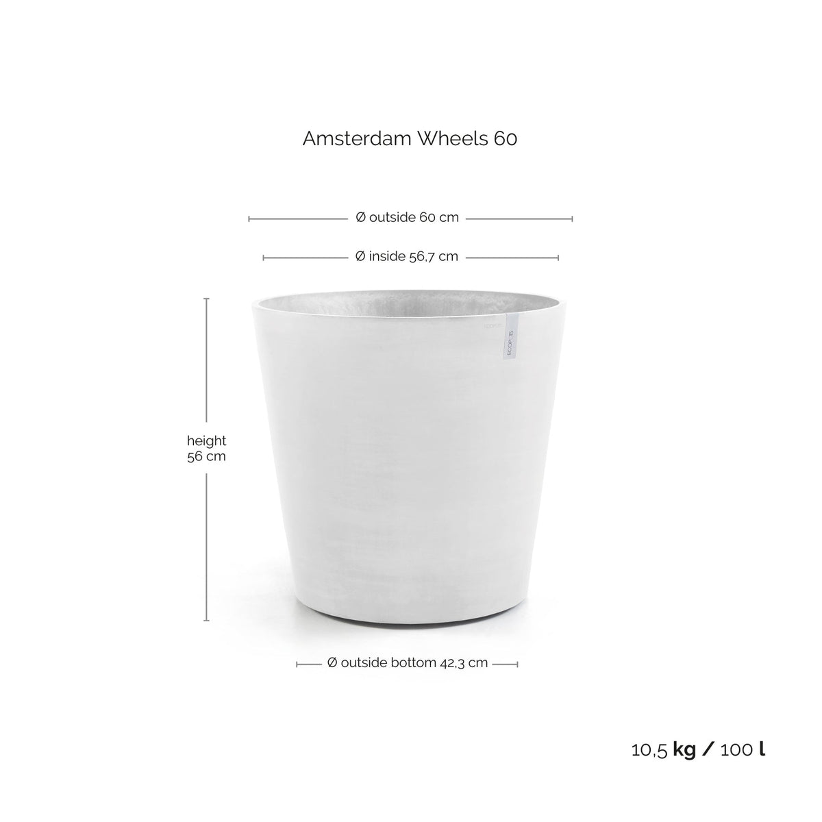 Kukkaruukku Amsterdam pyörillä 60cm valkoinen – mittapiirros