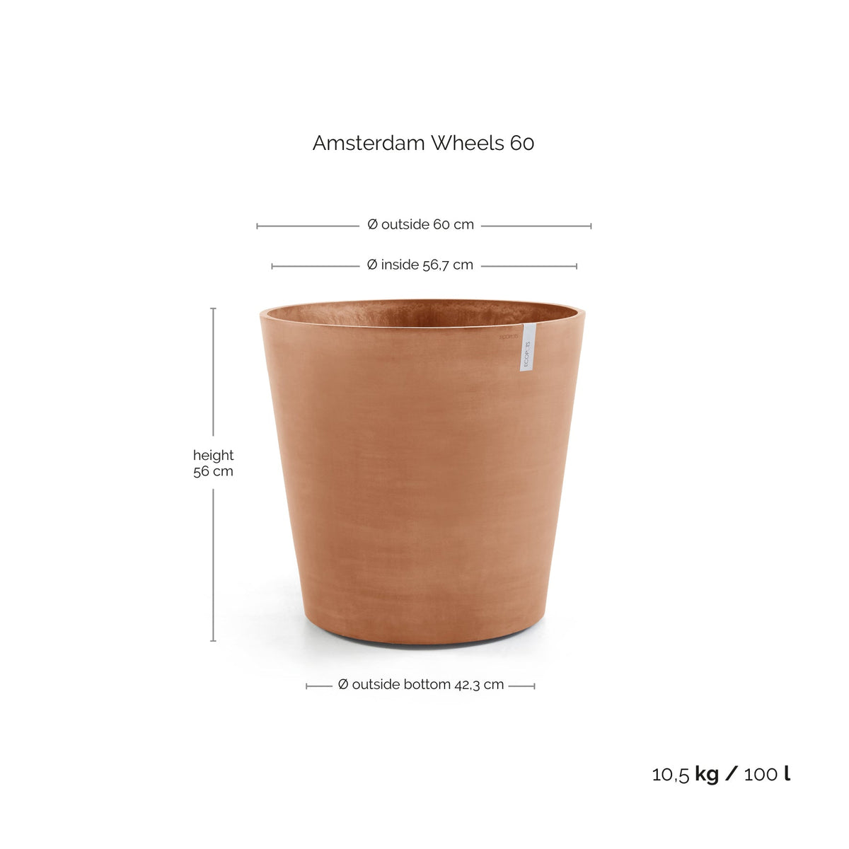 Kukkaruukku Amsterdam pyörillä 60cm terracotta – mittapiirros