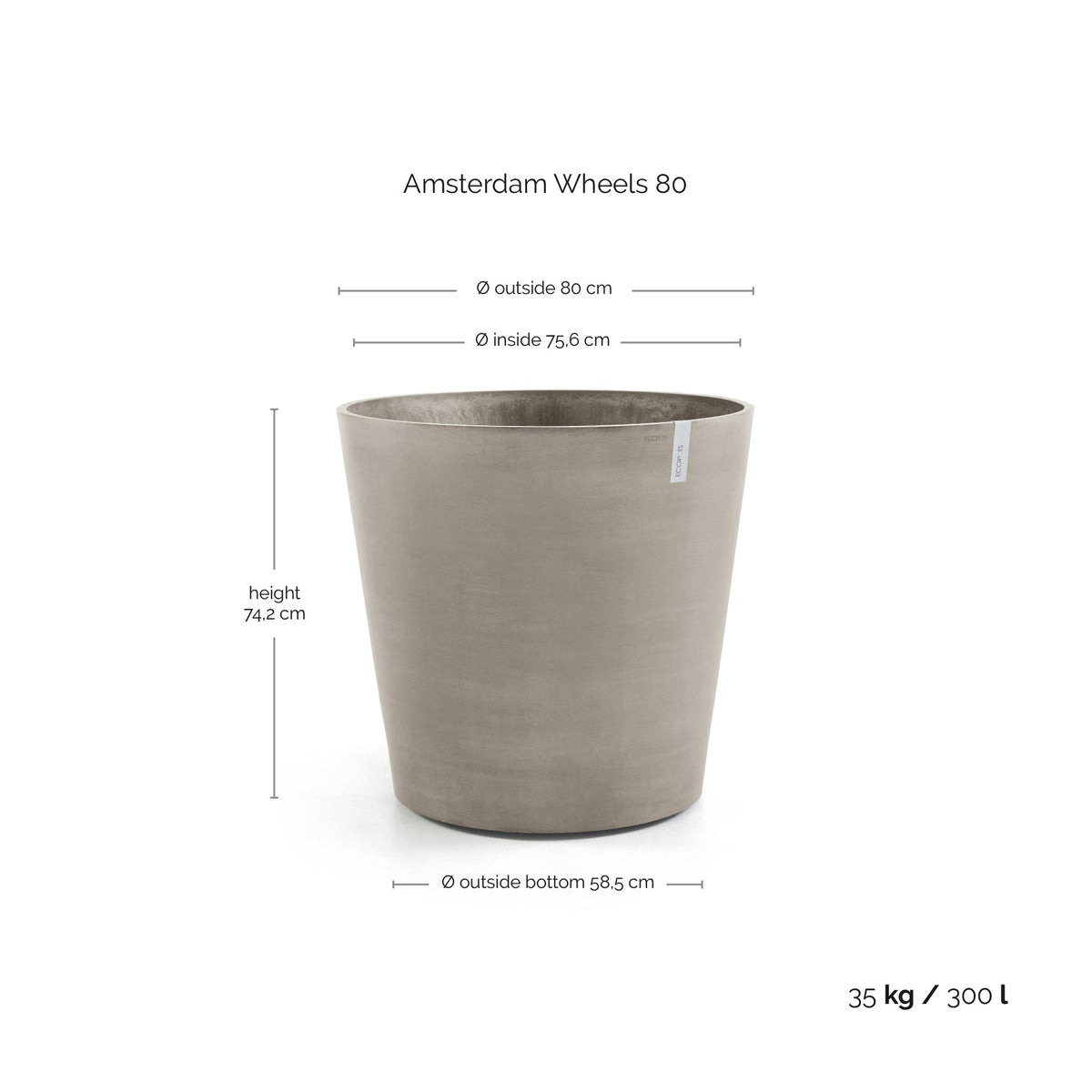 Kukkaruukku Amsterdam pyörillä 80cm taupe – mittapiirros