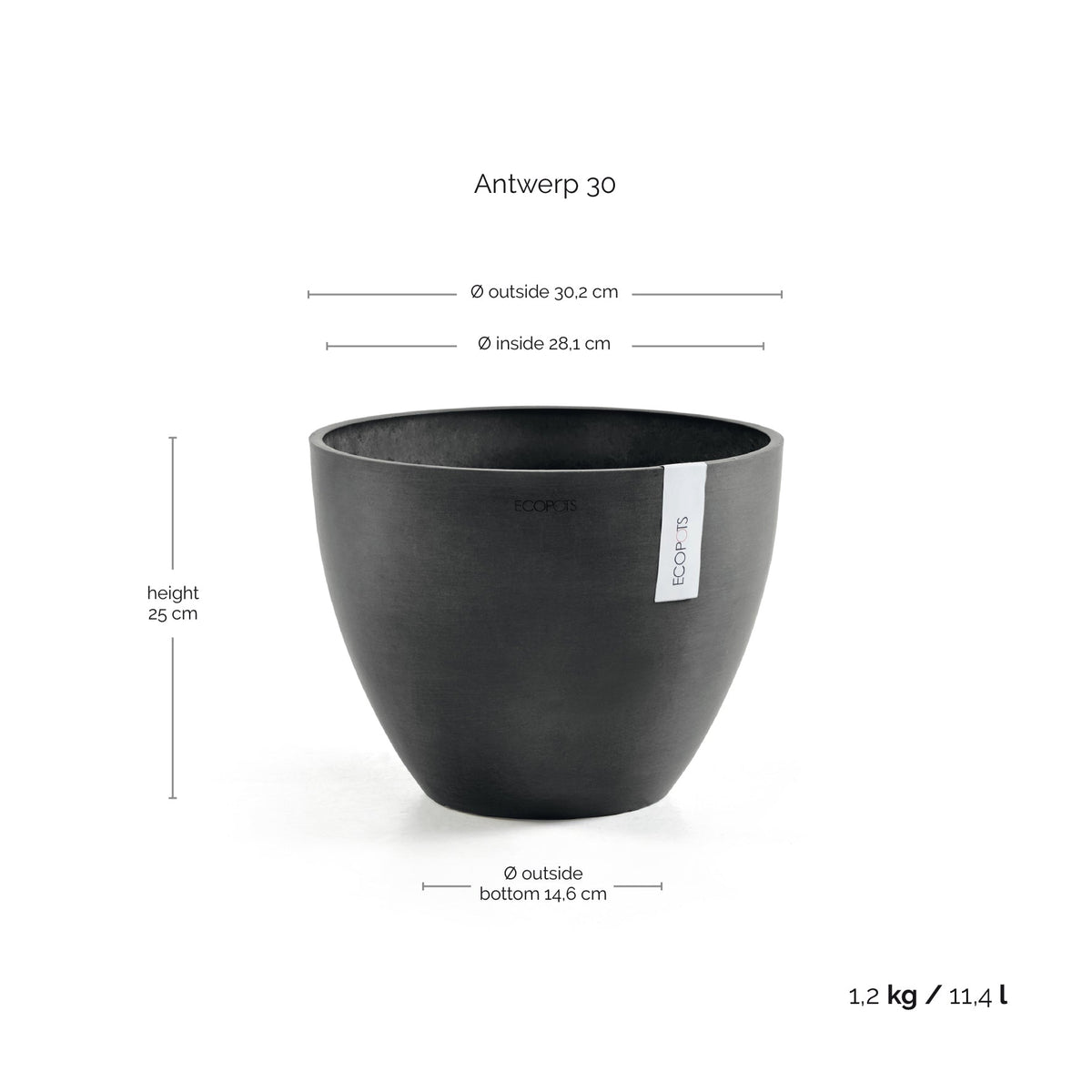 Kukkaruukku Antwerpen 30cm tummanharmaa – mittapiirros