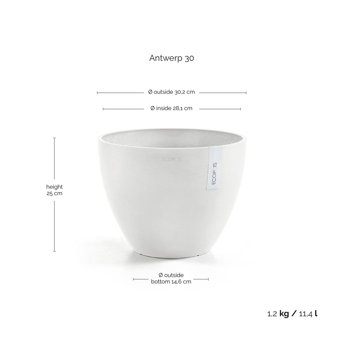 Kukkaruukku Antwerpen 30cm valkoinen – mittapiirros