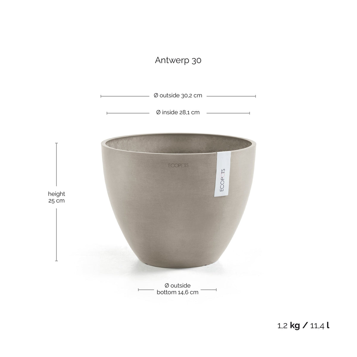 Kukkaruukku Antwerpen 30cm taupe – mittapiirros