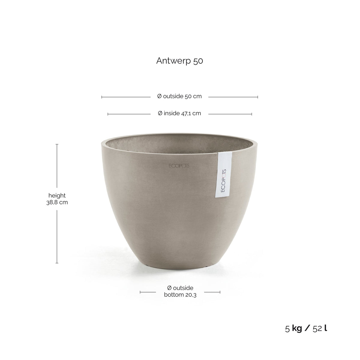 Kukkaruukku Antwerpen 50cm taupe – mittapiirros