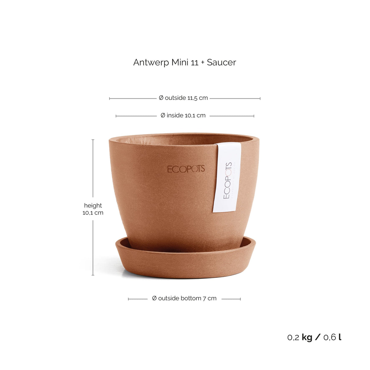 Kukkaruukku Antwerpen 11cm terracotta & aluslautanen – mittapiirros