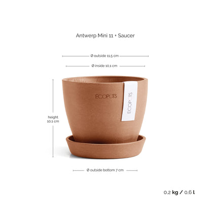 Kukkaruukku Antwerpen 11cm terracotta & aluslautanen – mittapiirros