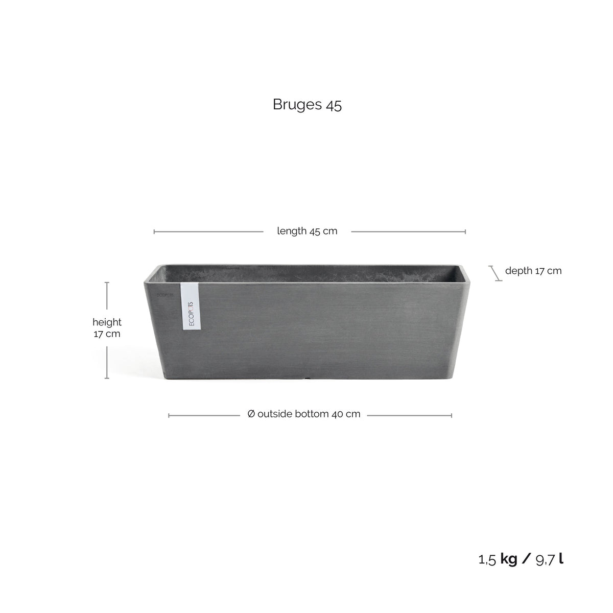 Kukkaruukku Bruge 45cm harmaa – mittapiirros