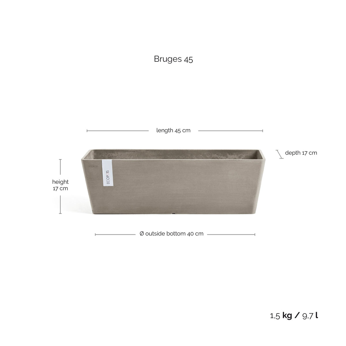Kukkaruukku Bruge 45cm taupe – mittapiirros