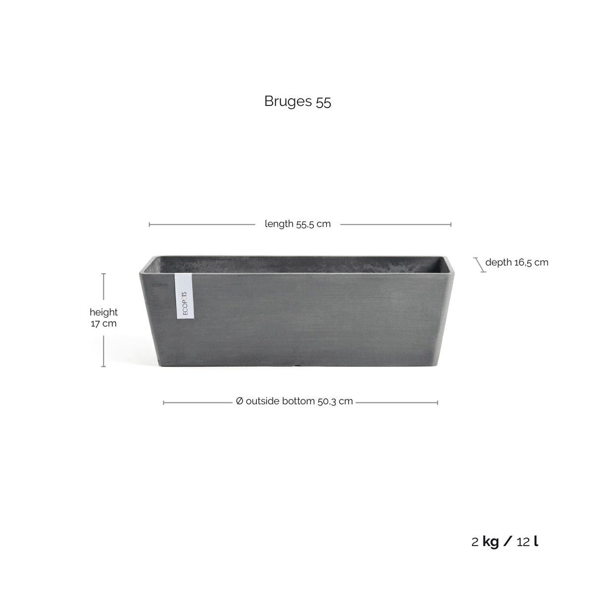 Kukkaruukku Bruge 55cm harmaa – mittapiirros