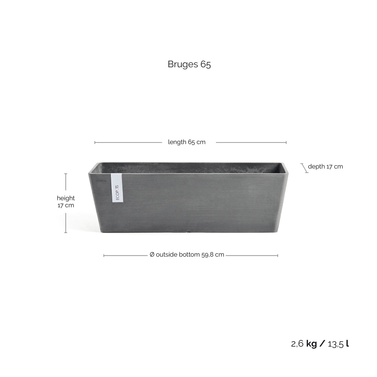 Kukkaruukku Bruge 65cm harmaa – mittapiirros