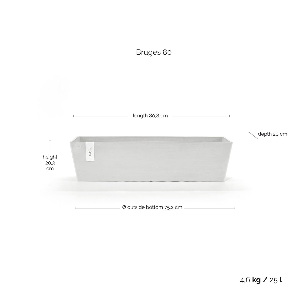 Kukkaruukku Bruge 80cm valkoinen – mittapiirros