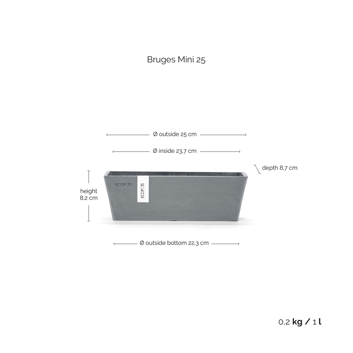 Kukkaruukku Bruge mini 25cm siniharmaa – mittapiirros