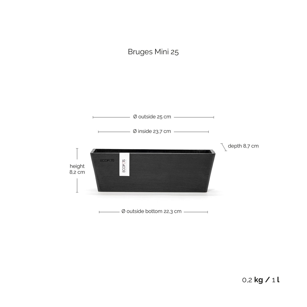 Kukkaruukku Bruge mini 25cm tummanharmaa – mittapiirros
